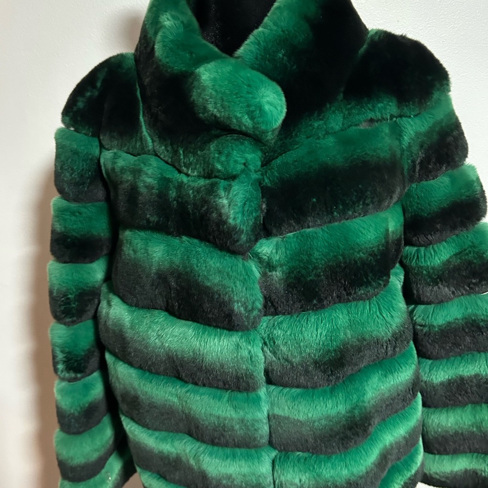 Luxurious Green and Black Rex chinchilla Fur Jacket
